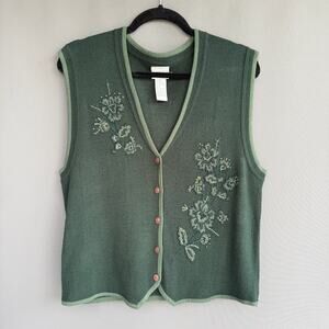 Vtg 90s Y2K Koret sweater vest - Green embroidered beaded Spring Knit - size PL